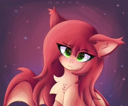 Size: 3500x2900 | Tagged: safe, artist:gaffy, oc, oc only, oc:airi, bat pony, bat pony oc, birthday, blushing, chest fluff, ear fluff, eye clipping through hair, female, looking at you, solo