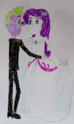 Size: 541x902 | Tagged: safe, artist:hakdurbin, rarity, spike, human, equestria girls, g4, 1000 hours in ms paint, bride, clothes, curtsey, dancing, dancing together, dress, duo, duo male and female, female, gown, groom, human spike, humanized, looking at each other, looking at someone, male, marriage, married couple, ship:sparity, shipping, smiling, smiling at each other, straight, suit, traditional art, wedding dress, wedding gown