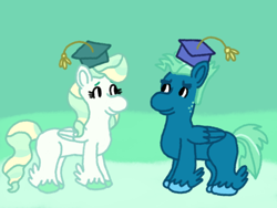 Size: 1600x1200 | Tagged: safe, artist:mintwhistle, sky stinger, vapor trail, pegasus, pony, g4, atg 2024, cloud, colored hooves, duo, duo male and female, feathered fetlocks, female, folded wings, graduation, graduation cap, hat, hooves, looking at each other, looking at someone, male, mare, medibang paint, newbie artist training grounds, sky, smiling, smiling at each other, stallion, unshorn fetlocks, wings