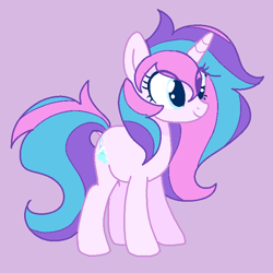 Size: 700x700 | Tagged: source needed, safe, anonymous editor, edit, star dreams, unicorn, g4, female, horn, mare, purple background, show accurate, simple background, smiling, solo, three toned mane