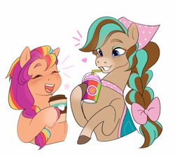 Size: 1416x1292 | Tagged: safe, artist:aztrial, sunny starscout, earth pony, horse, pony, g5, cocoa (wild manes), coffee, coffee cup, crossover, cup, cute, drink, duo, duo female, female, heart, hoof hold, mane stripe sunny, mare, simple background, smiling, smoothie, sunnybetes, white background, wild manes