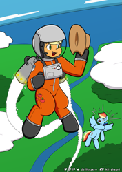 Size: 1053x1490 | Tagged: safe, artist:defilerzero, applejack, rainbow dash, earth pony, pegasus, pony, g4, airborne, applejack's hat, astronaut, boots, clothes, cloud, cowboy hat, duo, duo female, emanata, female, flying, hat, helmet, howdy, jetpack, ocean, river, shoes, sky, spacesuit, surprised, technology, water