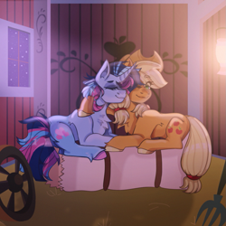 Size: 1023x1023 | Tagged: safe, artist:tayblossom, applejack, oc, oc:chilly passion, pony, g4, barn, canon x oc, commission, duo, hay bale, lantern, pitchfork, sweet apple acres, wheel