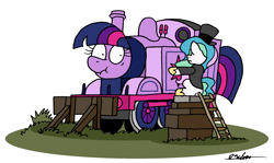 Size: 2122x1264 | Tagged: safe, artist:bobthedalek, princess celestia, twilight sparkle, alicorn, pony, g4, atg 2024, clothes, crossover, duo, duo female, female, hat, inanimate tf, ladder, mare, newbie artist training grounds, simple background, sir topham hatt, steam train, suit, thomas the tank engine, top hat, train, trainified, transformation, white background