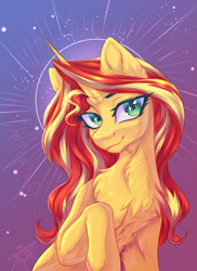 Size: 1700x2337 | Tagged: safe, artist:jsunlight, sunset shimmer, pony, unicorn, g4, chest fluff, female, gradient background, half body, halo, horn, looking at you, mare, raised hoof, smiling, smiling at you, solo, starry eyes, wingding eyes