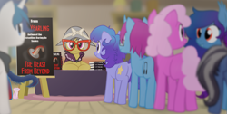 Size: 2282x1148 | Tagged: safe, artist:equestriaexploration, a.k. yearling, daring do, oc, oc:blueberry pie, oc:procellus, oc:quiet brook, oc:silent soundwave, mouse, pony, atg 2024, book, newbie artist training grounds, the beast from beyond