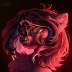 Size: 3000x3000 | Tagged: safe, artist:unt3n, oc, oc only, earth pony, pony, bust, chest fluff, fangs, gradient background, green eyes, portrait, red eyes, red light, solo