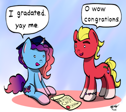 Size: 900x800 | Tagged: safe, artist:ebbysharp, misty brightdawn, sprout cloverleaf, earth pony, pony, unicorn, g5, atg 2024, bracelet, coat markings, congratulations, dialogue, dot eyes, duo, duo male and female, female, friendship bracelet, graduation, graduation cap, hat, horn, intentional spelling error, jewelry, male, mare, newbie artist training grounds, open mouth, open smile, pale belly, rebirth misty, silly, smiling, socks (coat markings), speech bubble, stallion