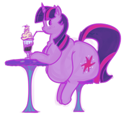 Size: 862x808 | Tagged: safe, artist:polofastter, artist:secretgoombaman12345, twilight sparkle, pony, unicorn, ask chubby diamond, g4, backwards cutie mark, butt, chair, drink, drinking, fat, female, horn, large butt, mare, milkshake, mushroom, obese, plot, profile, simple background, sitting, solo, straw, table, transparent background, twibutt, twilard sparkle, unicorn twilight