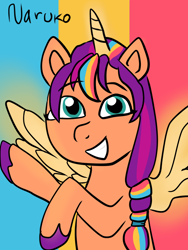 Size: 834x1112 | Tagged: safe, artist:wrath-marionphauna, sunny starscout, alicorn, g5, gradient background, mane stripe sunny, smiling, solo, wings