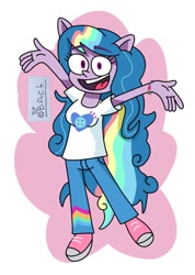 Size: 728x1024 | Tagged: safe, artist:garybaldor, izzy moonbow, human, equestria girls, g4, g5, equestria girls-ified, female, g5 to equestria girls, g5 to g4, generation leap, izzy rainbow, long hair, open mouth, open smile, ponied up, pony ears, smiling, solo