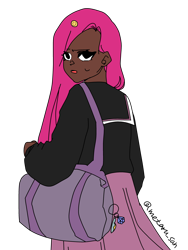 Size: 3072x4096 | Tagged: safe, artist:icicle-niceicle-1517, artist:metaruscarlet, color edit, edit, pinkie pie, human, g4, bag, clothes, collaboration, colored, dark skin, female, hairpin, humanized, open mouth, pinkamena diane pie, school uniform, schoolgirl, shirt, simple background, skirt, smiley face, solo, transparent background