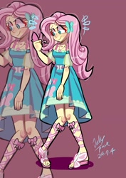 Size: 1240x1754 | Tagged: safe, artist:jully-park, part of a set, fluttershy, butterfly, human, equestria girls, g4, my little pony equestria girls: better together, butterfly hairpin, clad feet, clothes, dress, feet, female, fluttershy boho dress, geode of fauna, lace sandals, magical geodes, pigeon toed, sandals, simple background, smiling, solo, toes, zoom layer