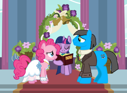 Size: 1766x1303 | Tagged: safe, artist:lion288, pinkie pie, twilight sparkle, oc, oc:william, alicorn, earth pony, g4, book, bride, canon x oc, clothes, dress, female, groom, male, marriage, straight, trio, twilight sparkle (alicorn), wedding, wedding dress