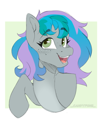 Size: 2000x2500 | Tagged: safe, artist:_candypone_, oc, oc only, oc:virtuous hope, pegasus, pony, blush lines, blushing, bust, colored, colored eyebrows, colored pupils, eyebrows, eyebrows visible through hair, female, female oc, flat colors, freckles, gray coat, green eyes, green pupils, hatching (technique), high res, looking up, mare, mare oc, open mouth, open smile, passepartout, pegasus oc, raised hoof, signature, smiling, solo, two toned mane