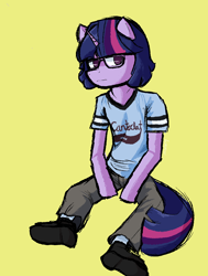 Size: 894x1181 | Tagged: safe, artist:lemomew, twilight sparkle, alicorn, anthro, g4, alternate hairstyle, clothes, glasses, green background, pixel-crisp art, simple background, sitting, solo, twilight sparkle (alicorn), twivers cuomo, weezer