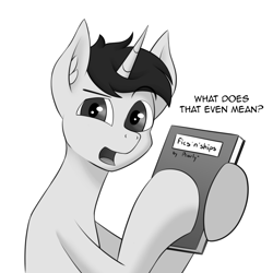 Size: 2000x2000 | Tagged: safe, artist:pearly* marshmallow, oc, oc only, oc:pearly* marshmallow, pony, unicorn, book, horn, looking at you, male, monochrome, solo, stallion