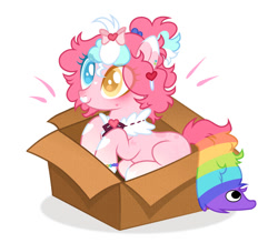 Size: 956x836 | Tagged: safe, artist:michiharas, oc, oc only, oc:sprinkles pie, earth pony, pony, base used, blank flank, blushing, bow, box, bracelet, cardboard box, coat markings, collar, colored eartips, colored eyelashes, colored pupils, commission, curly mane, ear piercing, earring, earth pony oc, emanata, eye clipping through hair, facial markings, hair accessory, hair bow, hairclip, heart hairclip, heterochromia, in a box, jewelry, looking up, mane accessory, multicolored mane, multicolored tail, nose blush, piercing, pink coat, pink mane, pony in a box, ponytail, rainbow tail, short mane, simple background, sitting, smiling, snip (coat marking), solo, star (coat marking), star mark, stars, tail, three toned mane, tied mane, two toned ears, white background, ych result
