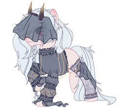 Size: 953x839 | Tagged: safe, artist:michiharas, oc, oc only, earth pony, pony, :3, art trade, base used, blank flank, blushing, braid, chains, choking, clothes, cream coat, ear blush, earth pony oc, gray mane, gray tail, horns, leg warmers, long mane, long mane male, long tail, male, male oc, nose blush, profile, raised hoof, raised leg, red eyes, see-through, see-through shirt, shirt, simple background, smiling, solo, stallion, stallion oc, standing on two hooves, tail, transparent background, veil