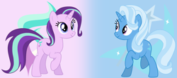 Size: 3184x1408 | Tagged: safe, artist:cmors12, starlight glimmer, trixie, pony, unicorn, g4, alternate hairstyle, cutie mark, cutie mark background, duo, duo female, ember's worst nightmare, female, gradient background, horn, lesbian, mane swap, mare, ship:startrix, shipping