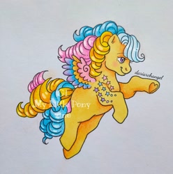 Size: 2588x2607 | Tagged: safe, artist:dariarchangel, part of a set, ringlet, pegasus, pony, g1, alternative cutie mark placement, bow, colored wings, curly hair, curly mane, curly tail, cute, female, flying, g1betes, hoof heart, looking up, mare, multicolored hair, multicolored mane, multicolored tail, multicolored wings, old art, purple eyes, rainbow curl pony, rainbow hair, simple background, smiling, solo, tail, tail bow, three toned tail, toy interpretation, traditional art, underhoof, wings, yellow coat