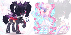 Size: 1278x625 | Tagged: safe, artist:michiharas, changeling, dog, dog pony, original species, pegasus, pony, abstract background, ame-chan, bandaid, base used, bipedal, blood, blue eyes, blue hooves, blue pupils, blushing, bowtie, carapace, clothes, coat markings, collar, colored hooves, colored pupils, colored wings, colored wingtips, commission, dog ears, double colored changeling, duo, duo female, ear blush, eye clipping through hair, eyeshadow, facial markings, fangs, female, floppy ears, garters, gradient mane, gradient tail, gray body, hair accessory, hairclip, hooves, kangel, long mane, long socks, long tail, looking back, makeup, mane accessory, mane clip, mouse cursor, multicolored mane, multicolored tail, needy streamer overload, open mouth, open smile, outline, partially open wings, pigtails, pink coat, ponified, purple eyes, purple pupils, purple wings, raised hoof, raised hooves, red eyeshadow, sailor uniform, scar, self harm, self harm scars, self paradox, self ponidox, shadow, shiny hooves, smiling, snip (coat marking), socks, spread wings, striped socks, tail, teeth, thick eyelashes, tied mane, transparent wings, twintails, two toned mane, two toned tail, two toned wings, uniform, wall of tags, white wingtips, wingding eyes, wings, zoom layer