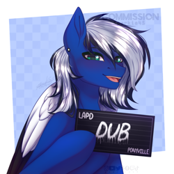 Size: 1000x1000 | Tagged: safe, artist:sparkie45, oc, oc only, oc:dub light, pegasus, pony, barbie mugshot meme, black and white mane, black wingtips, blue coat, blushing, bust, checkered background, colored pupils, colored wings, colored wingtips, commission, commission example, commission open, ear piercing, earring, folded wings, green eyes, green pupils, hoof hold, jewelry, lidded eyes, male, male oc, meme, mugshot, open mouth, open smile, passepartout, pegasus oc, piercing, shiny mane, signature, smiling, solo, stallion, stallion oc, two toned mane, two toned wings, watermark, white mane, white wings, wings