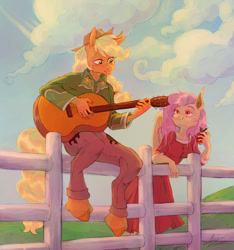 Size: 1309x1400 | Tagged: safe, artist:abbytabbys, applejack, fluttershy, bat pony, earth pony, anthro, unguligrade anthro, g4, acoustic guitar, apple, applejack's hat, bat ponified, blonde mane, blonde tail, blue sky, blush lines, blushing, brown eyelashes, clothes, cloud, collared shirt, colored eyebrows, colored eyelashes, colored hooves, colored pinnae, colored pupils, cowboy hat, day, detailed background, dress, duo, duo female, ear tufts, embroidery, eyebrows, eyebrows visible through hair, fangs, female, fence, fetlock tuft, filigree, flutterbat, food, freckles, grass, green eyes, green pupils, green shirt, guitar, hat, holding, hooves, leaning forward, leaning on fence, lesbian, lidded eyes, looking at each other, looking at someone, looking up, mare, musical instrument, orange coat, orange hooves, outdoors, pants, partially open wings, pink mane, playing guitar, ponytail, race swap, red dress, red eyelashes, red eyes, red pupils, ship:appleshy, shipping, shirt, sitting, sitting on fence, smiling, smiling at each other, smiling at someone, stetson, tail, tall ears, tied mane, unshorn fetlocks, wall of tags, western shirt, wings, yellow coat