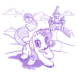 Size: 666x640 | Tagged: safe, artist:furnut, rarity, pony, unicorn, g4, 2011, artifact, blush lines, blushing, castle, cloud, equestria, female, hooves, horn, looking at you, mare, monochrome, outdoors, raised tail, signature, smiling, smiling at you, solo, tail