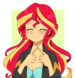 Size: 1646x1720 | Tagged: safe, artist:kittyrosie, sunset shimmer, human, equestria girls, g4, blush lines, blushing, clothes, cute, dress, eyebrows, eyebrows visible through hair, eyes closed, female, fingers together, jacket, leather, leather jacket, passepartout, shimmerbetes, signature, smiling, solo