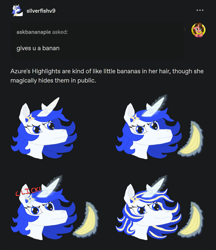 Size: 1121x1300 | Tagged: safe, artist:silverfishv9, oc, oc only, oc:azure star (silverfishv9), oc:banana pie, pony, unicorn, ask, banana, blue eyes, blue mane, female, food, glowing, glowing horn, hairpin, highlights, horn, jewelry, magic, mare, simple background, telekinesis, text, tumblr, unicorn oc