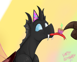 Size: 2306x1876 | Tagged: safe, artist:testostepone, oc, oc only, oc:coxa, oc:t'zzet, changeling, anisocoria, birthday, changeling oc, cupcake, fangs, food, forked tongue, hat, male, no source available, party hat, red changeling, smiling, tongue out