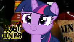 Size: 1000x568 | Tagged: artist needed, source needed, safe, twilight sparkle, pony, g4, female, hot ones, hot sauce, hot wings, mare, smiling, solo