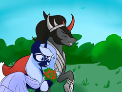 Size: 1032x774 | Tagged: safe, artist:amanecerlobo, king sombra, oc, oc:dawn shade, pony, unicorn, g4, canon x oc, clothes, couple, dress, duo, duo male and female, female, flower, horn, male, mare, marriage, shipping, stallion