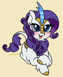 Size: 2241x2715 | Tagged: safe, artist:leopardsnaps, gameloft, rarity, kirin, g4, :d, cloven hooves, crossed hooves, cute, gameloft interpretation, kirin rarity, kirin-ified, looking at you, lying down, open mouth, open smile, ponyloaf, prone, raribetes, simple background, smiling, solo, species swap, yellow background