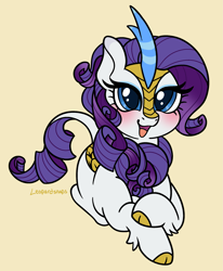 Size: 2241x2715 | Tagged: safe, artist:leopardsnaps, gameloft, rarity, kirin, g4, :d, cloven hooves, crossed hooves, cute, gameloft interpretation, kirin rarity, kirin-ified, looking at you, lying down, open mouth, open smile, prone, raribetes, simple background, smiling, solo, species swap, yellow background