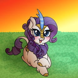 Size: 3000x3000 | Tagged: safe, alternate version, artist:leopardsnaps, gameloft, rarity, kirin, g4, :d, cloven hooves, crossed hooves, cute, gameloft interpretation, grass, grass field, kirin rarity, kirin-ified, looking at you, lying down, open mouth, open smile, prone, raribetes, smiling, solo, species swap, sunset