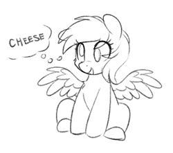 Size: 340x300 | Tagged: safe, artist:higglytownhero, derpy hooves, pegasus, pony, g4, cheese, eye clipping through hair, food, monochrome, no tail, open mouth, simple background, sitting, sketch, smiling, solo, spread wings, thought bubble, white background, wings