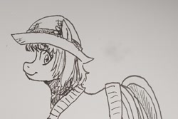 Size: 2144x1429 | Tagged: safe, artist:pony quarantine, oc, oc only, earth pony, pony, facing left, female, grayscale, hat, looking at you, mare, monochrome, pen drawing, side view, simple background, smiling, smiling at you, solo, traditional art