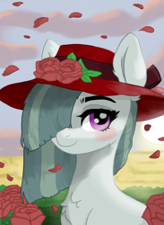 Size: 819x1120 | Tagged: safe, artist:minecake, marble pie, earth pony, pony, g4, blushing, bust, chest fluff, desert, ear fluff, female, flower, hair over one eye, hat, looking at you, mare, portrait, rose, rose petals, solo