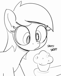 Size: 1860x2315 | Tagged: safe, artist:pabbley, derpy hooves, pegasus, pony, g4, black and white, female, food, grayscale, hoof hold, hooves, mare, monochrome, muffin, offscreen character, pen drawing, simple background, sketch, sniffing, solo focus, traditional art, white background