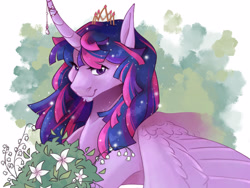 Size: 4000x3000 | Tagged: safe, artist:cerulean-crow, twilight sparkle, alicorn, pony, g4, bouquet, bust, chin fluff, crown, curved horn, ethereal mane, female, flower, high res, horn, horn jewelry, jewelry, looking at you, mare, new crown, regalia, smiling, smiling at you, solo, starry mane, tiara, twilight sparkle (alicorn), wings, wings down