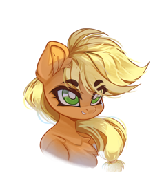 Size: 3906x4096 | Tagged: safe, artist:jfrxd, applejack, earth pony, pony, g4, bust, chest fluff, female, mare, missing accessory, simple background, solo, white background