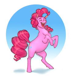 Size: 540x572 | Tagged: safe, artist:equeslibrium, pinkie pie, earth pony, pony, g4, belly, eyes closed, laughing, open mouth, open smile, rearing, round belly, simple background, smiling, solo