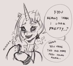 Size: 1076x978 | Tagged: safe, artist:nire, oc, oc only, oc:dyx, pony, black sclera, blushing, cigarette, clothes, dialogue, ear blush, embarrassed, female, hooves, horn, mare, older, older dyx, shy, slit pupils, solo, spiked wristband, sweat, sweatdrop, sweater, text, turtleneck, wristband