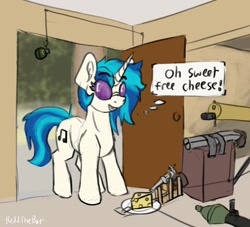 Size: 1524x1384 | Tagged: safe, artist:reddthebat, dj pon-3, vinyl scratch, pony, unicorn, g4, absolutenutcase162, box, cheese, door, doorknob, ear fluff, eyebrows, eyebrows visible through hair, eyelashes, female, food, glasses, grenade, grin, gun, handgun, horn, imminent death, machine gun, mare, meme, nail, pistol, plate, rocket launcher, room, rope, rpg-7, shitposting, shotgun, signature, smiling, solo, standing, swiss cheese, tape, teeth, text, thinking, this will end in death, this will end in tears, this will end in tears and/or death, thought bubble, too dumb to live, trap (device), tree, vinyl's glasses, weapon