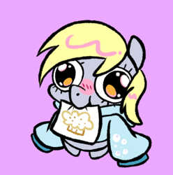 Size: 618x624 | Tagged: safe, artist:paperbagpony, derpy hooves, pony, semi-anthro, g4, blushing, chibi, clothes, cute, derpabetes, hoodie, mouth hold, pink background, simple background, solo