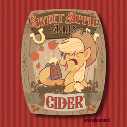 Size: 1200x1200 | Tagged: safe, artist:jellyjeanart, applejack, earth pony, pony, g4, bust, cider, cider mug, female, hoof hold, looking at you, mare, mug, one eye closed, open mouth, open smile, smiling, smiling at you, solo, text, wink, winking at you