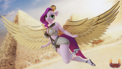 Size: 3840x2160 | Tagged: safe, artist:loveslove, pipp petals, pegasus, anthro, plantigrade anthro, g5, 3d, belly, belly button, blurry background, breasts, busty pipp petals, clothes, egypt, egyptian, egyptian headdress, egyptian pony, feet, female, high res, nail polish, pyramid, sandals, solo, toenail polish, wings