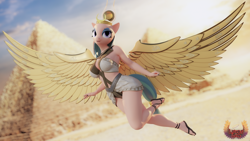 Size: 3840x2160 | Tagged: safe, alternate character, alternate version, artist:loveslove, somnambula, pegasus, anthro, plantigrade anthro, g4, 3d, belly, belly button, blurry background, breasts, busty somnambula, clothes, egypt, egyptian, egyptian headdress, egyptian pony, feet, female, high res, nail polish, pyramid, sandals, solo, toenail polish, wings